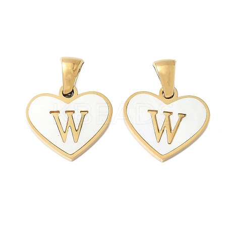 304 Stainless Steel Pave Natural White Shell Heart with Initial Slice Pendants STAS-R168-25G-W-1