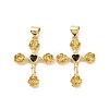 Cross with Flower Brass Micro Pave Cubic Zirconia Pendants KK-G435-06G-02-2