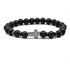 8MM Round Frosted Natural Obsidian Beaded Stretch Bracelets with Synthetic Non-magnetic Hematite Cross FA1012-18-1