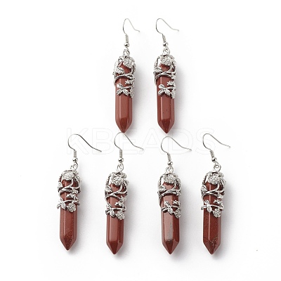 Natural Red Jasper Bullet with Flower Dangle Earrings EJEW-G300-02P-10-1