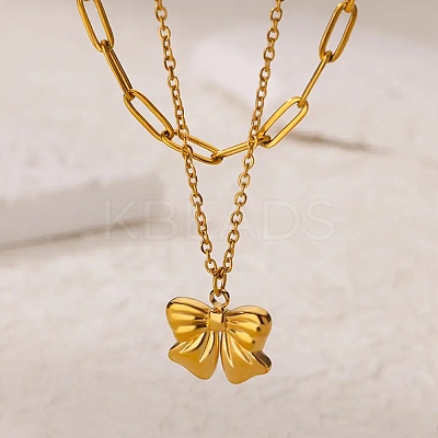 304 Stainless Steel Bowknot Pendant Necklaces LS-NJEW-L182-001G-07-1