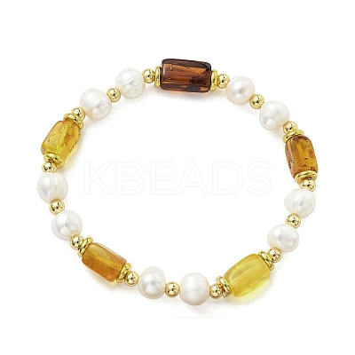 Natural Cultured Freshwater Pearl & Amber Beads Stretch Bracelets for Women BJEW-JB13606-1