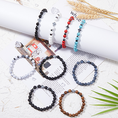 9Pcs 9 Style Natural & Synthetic Mixed Stone & Synthetic Hematite Cross Beaded Stretch Bracelets Set BJEW-FI0001-49-1