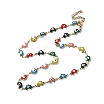 Moon with Evil Eye Enamel Link Chain Necklace NJEW-G117-02G-01-1