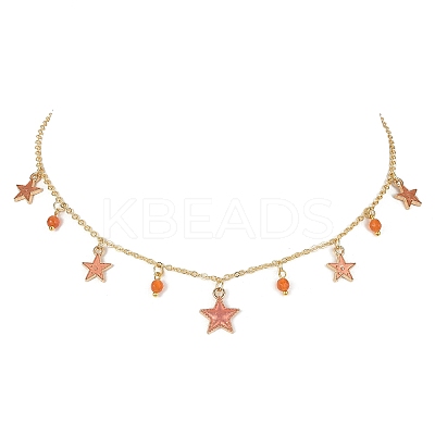 Natural Agate Round & Alloy Enamel Star Charms Bib Necklace with 304 Stainless Steel Chains NJEW-JN04404-01-1