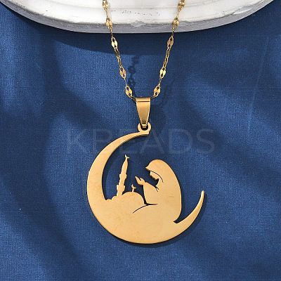 201 Stainless Steel Moon with Woman Pendant Necklaces for Ramadan & Eid Mubarak NJEW-D318-02G-1