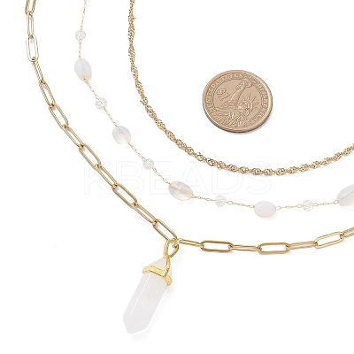 Natural Rose Quartz Double Terminated Pointed Bullet Pendant 304 Stainless Steel & Brass Chain 3 Layer Necklaces for Women NJEW-JN05477-04-1