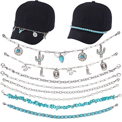 8Pcs 8 Styles Cowboy Theme Synthetic Turquoise & 304 Stainless Steel Baseball Cap Chain HJEW-SC0002-41-1