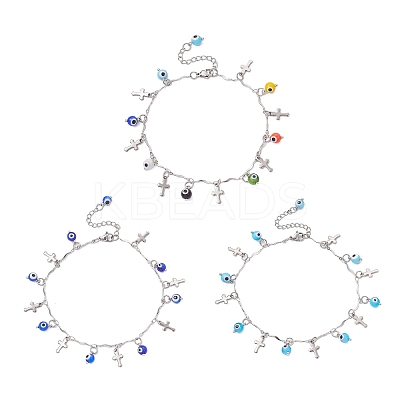 3Pcs 3 Colors Handmade Evil Eye Lampwork & 304 Stainless Steel Cross Tassel Bar Link Chain Anklets for Women AJEW-AN00741-1