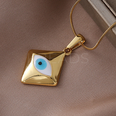 Fashion 304 Stainless Steel Enamel White Evil Eye Rhombus Pendant Necklaces MB5492-1