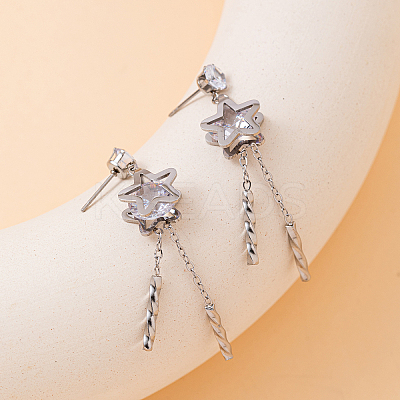 Elegant 201 Stainless Steel & Clear Cubic Zirconia Star Tassel Stud Earrings FR2560-2-1