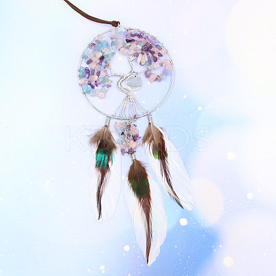 Woven Net/Web with Feather Gemstone Chips Pendant Decorations TREE-PW0003-03C-1