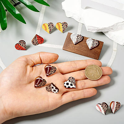 6 Pairs 6 Styles Sport Theme Wood Heart Stud Earrings EJEW-TA0001-33-1