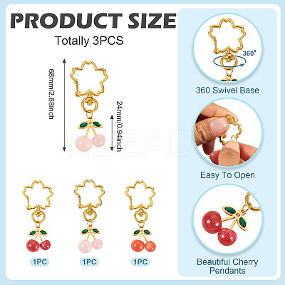 3Pcs Cherry Resin Rhinestone & Glitter Powder Pendants Decoration HJEW-TAC0092-1