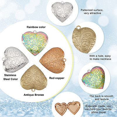 8Pcs 4 Style 304 Stainless Steel & 316 Stainless Steel Locket Pendants STAS-UN0027-58-1