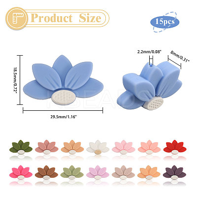 15Pcs 15 Colors Lotus Food Grade Eco-Friendly Silicone Focal Beads SIL-CA0003-05-1