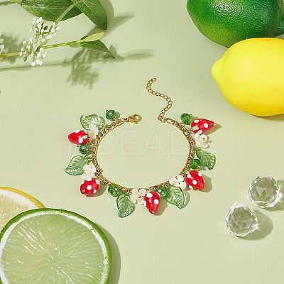 Plastic Imitation Pearl Flower & Acrylic Leaf & Lampwork Strawberry Charms Bracelet BJEW-TA00181-1