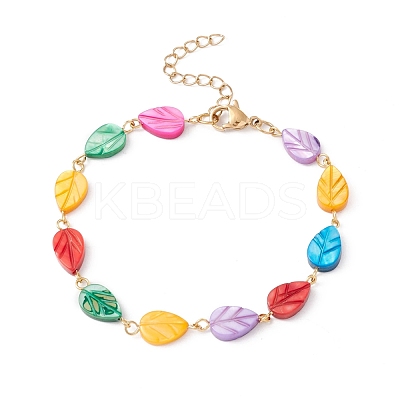 Natural Shell Leaf Link Chain Bracelet BJEW-C015-16G-1