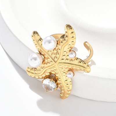 304 Stainless Steel Micro Pave Cubic Zirconia Plastic Pearl Cuff Rings RJEW-D310-02B-G-1