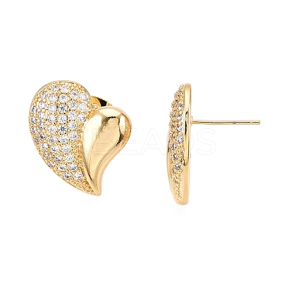 Left and Right Heart Brass Pave Clear Cubic Zirconia Stud Earrings EJEW-M258-040G-1