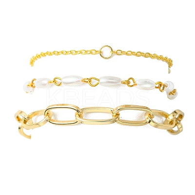 3Pcs 3 Style Aluminium Paperclip & Brass Curb & Imitation Pearl Acrylic Beaded Link Chain Bracelets Set BJEW-FS0001-08-1
