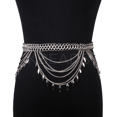 Alloy Curb Chain Leaf Charm Tassel Multi-Layered Waist Belly Chains FS-WGB4872-02-1