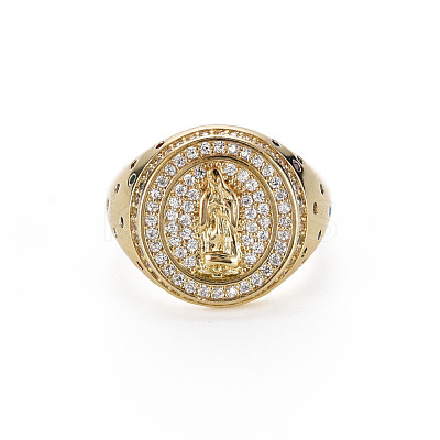 Colorful Cubic Zirconia Flat Round with Jesus Wide Band Cuff Ring RJEW-N035-081-NF-1