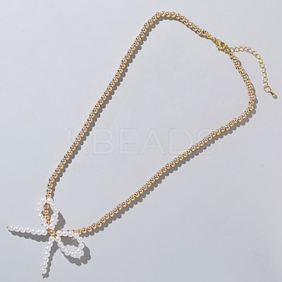 Glass Bowknot Pendant Necklace with Golden Brass Chains for Women YR7395-2-1
