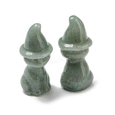 Natural Green Aventurine Carved Healing Cat with Witch Hat Figurines DJEW-D012-07F-1