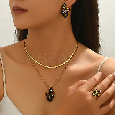 201 Stainless Steel Mask Stud Earrings & Pendant Necklaces & Rings Sets for Women AB3701-1