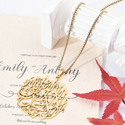 201 Stainless Steel Hollow Arabic Flat Round Pendant Box Chain Necklaces for Women Men LS-NJEW-R013-01G-1