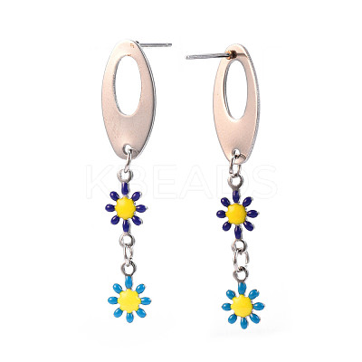 Oval with Flower Enamel Long Dangle Stud Earrings EJEW-N049-05C-1