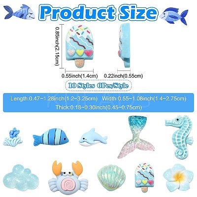 60Pcs 10 Styles Beach Theme Opaque Resin Cabochons RE-FS01E3-01-1