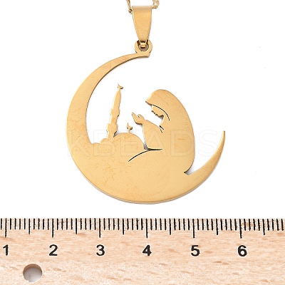 201 Stainless Steel Moon with Woman Pendant Necklaces for Ramadan & Eid Mubarak NJEW-D318-02G-1