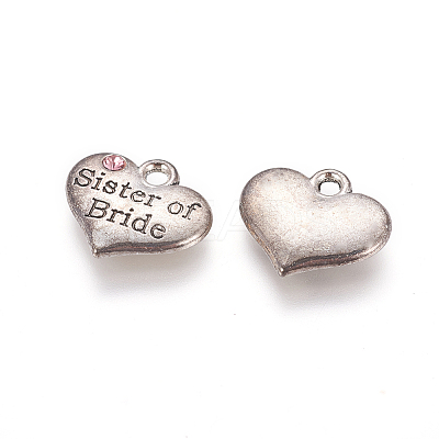 Wedding Theme Antique Silver Tone Tibetan Style Heart with Sister of Bride Rhinestone Charms LS-TIBEP-N005-06C-1