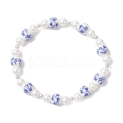 Handmade Flower Printed Porcelain Ceramic Beads Stretch Bracelets for Women BJEW-JB12208-1