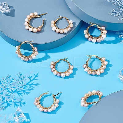 4 Pairs Vintage Natural Pearl Braided Hoop Earrings for Girl Women EJEW-UN0002-07-1
