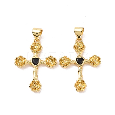 Cross with Flower Brass Micro Pave Cubic Zirconia Pendants KK-G435-06G-02-1