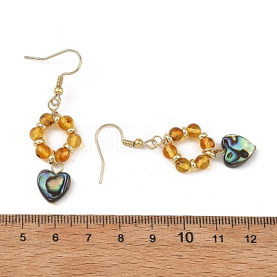 Heart Natural Amber & Abalone Shell/Paua Shell Dangle Earrings EJEW-JE07358-02-1