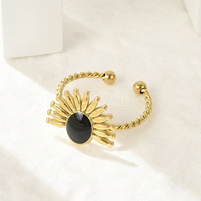 Flower 304 Stainless Steel Enamel Open Cuff Rings for Women RJEW-G338-15G-02-1