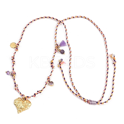 304 Stainless Steel Textured Heart Pendant Cotton Cord Adjustable Necklaces NJEW-C093-01G-1
