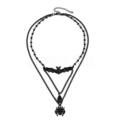 Iron & Teardrop Resin Halloween Bat Spider Pendant Double Layered Necklaces for Women NJEW-A055-01B-EB-1