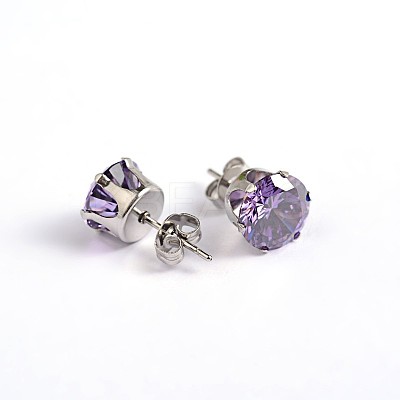 Flat Round 304 Stainless Steel Cubic Zirconia Stud Earrings EJEW-H306-43-5mm-1