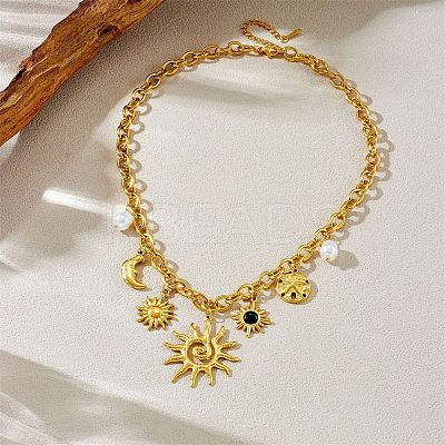 304 Stainless Steel Resin & Plastic Pearl Sun Pendant Bib Necklaces NJEW-H073-01G-1