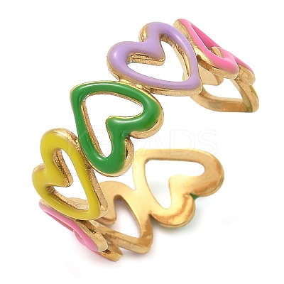 Heart 304 Stainless Steel Enamel Open Cuff Rings for Women LS-RJEW-U034-01G-01-1