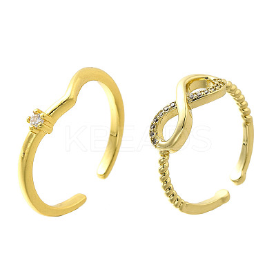 2Pcs 2 Styles Brass Micro Pave Clear Cubic Cuff Zirconia Rings for Women RJEW-S399-04G-1