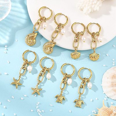 Ocean Theme 304 Stainless Steel Dangle Hoop Earrings EJEW-JE07357-1