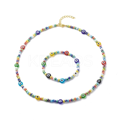 Lampwork Evil Eye & Glass Seed Beaded Necklace Stretch Bracelet SJEW-JS01246-1