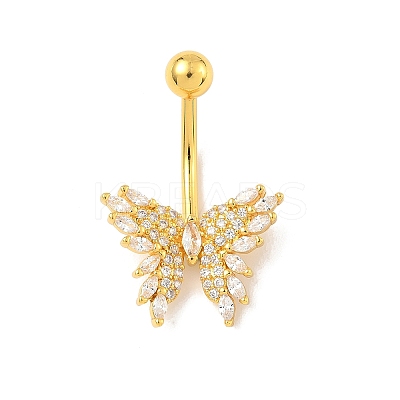 Brass Pave Clear Cubic Zirconia Curved Barbell Butterfly Belly Rings LS-AJEW-L099-01A-G-1