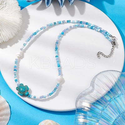 Summer Beach Sea Turtle Dyed Synthetic Turquoise & Glass Seed Beads Beaded Necklaces for Women NJEW-JN05081-01-1